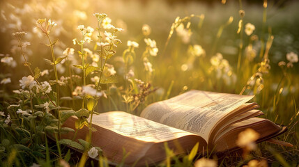 A serene meadow setting with a holy bible in the background, - obrazy, fototapety, plakaty