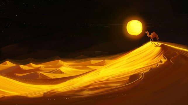 Desert illustration of a nomad is crossing a desert with a sunset vibe. Silhouette of a camel Caravan.