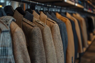 Obraz premium Closeup of light brown coats on hangers in store showcasing timeless style. Concept Fashion, Retail Display, Clothing, Coat Hangers, Timeless Style