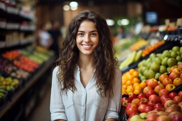 AI generated image of charming woman standing in grocery market choosing vegetables