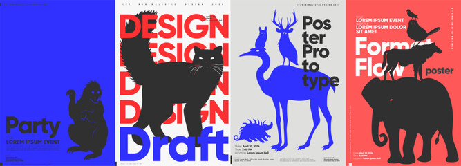 A series of four minimalist posters featuring silhouettes of animals with bold typography