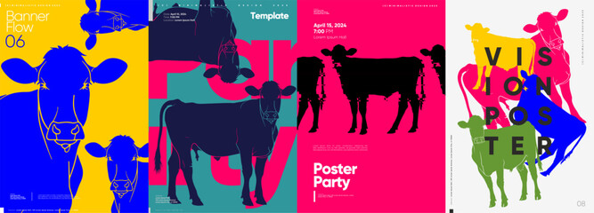 Vibrant minimalist posters showcasing cow silhouettes with dynamic typography.