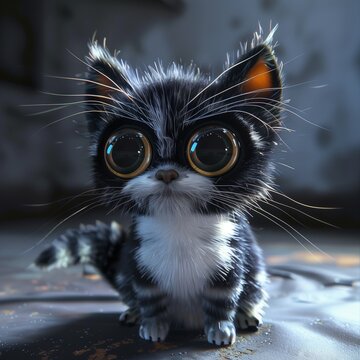 Ugly, small, black cat with white stripes, fluffy, with big eyes. Art style 'Big Eye'. Adorable large round eyes