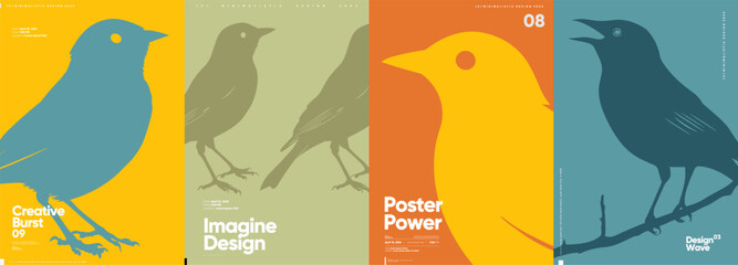 Striking minimalist posters with bird silhouettes against bold, colorful backgrounds.