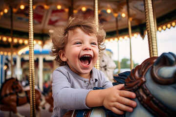 Generated AI image of happy little baby child having fun on a carousel at an amusement park in the evening - obrazy, fototapety, plakaty