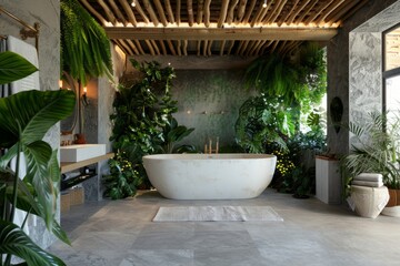 Fototapeta na wymiar Large bathroom with white bathtub surrounded by plants