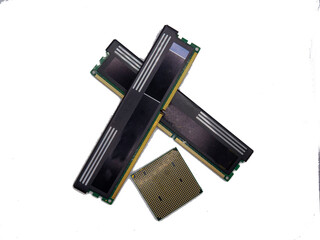 computer memory modules and central processing unit on a white background