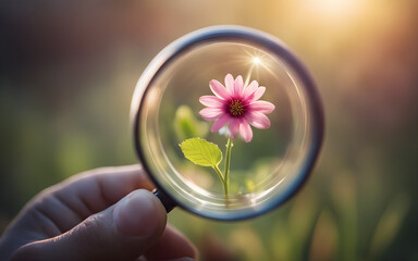 A hand holding a magnifying glass focusing on a tiny, perfect flower against a blurred natural background, symbolizing attention to detail and discovery