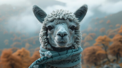 Alpaca wearing a scarf of clouds, watercolor clipart, warmth above the mountain mist