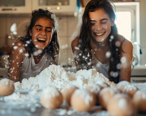 Teenage Girls Baking Together with Flour-Filled Laughter and Joy in the Kitchen - obrazy, fototapety, plakaty