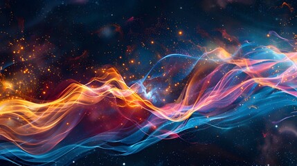 Obraz premium Cosmic Symphony of Vibrant Music Waves Merging with Celestial Stars in a Surreal Digital Visualization