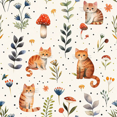 Lovely, pretty watercolor seamless pattern  of cat and flowers, leaves, mushrooms. For fabric, silk, printing.