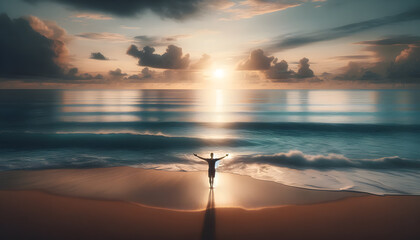 Person with arms raised embracing the sun on a pristine beach with bright blue sea. - obrazy, fototapety, plakaty