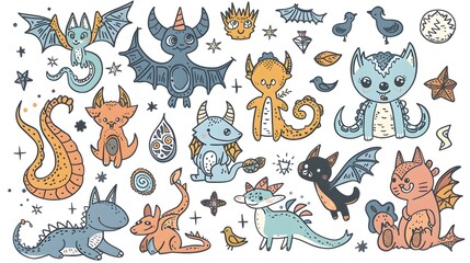 Fototapeta premium Whimsical Collection of Enchanting Fantasy Creatures and Doodle Elements for Magical Storybooks and