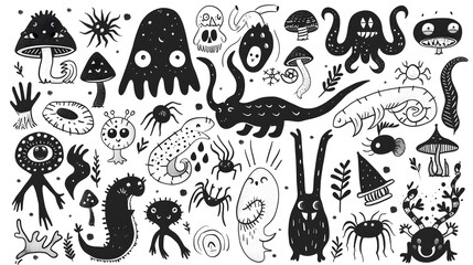 Whimsical Collection of Enchanting Fantasy Creatures in Hand-Drawn Doodle Style