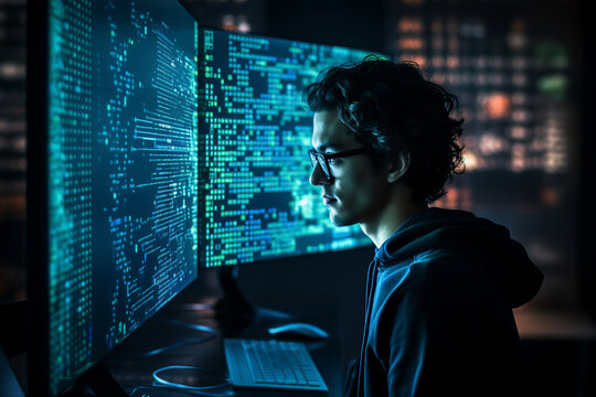 Hard working person in modern interior office programming writing web java script code AI technology generation