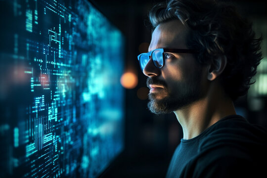 Hard working person in modern interior office programming writing web java script code AI technology generation