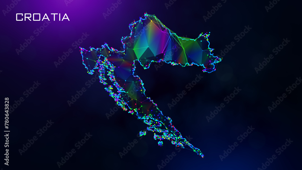 Poster futuristic croatia map polygonal blue purple colorful connected lines and dots network wireframe wit