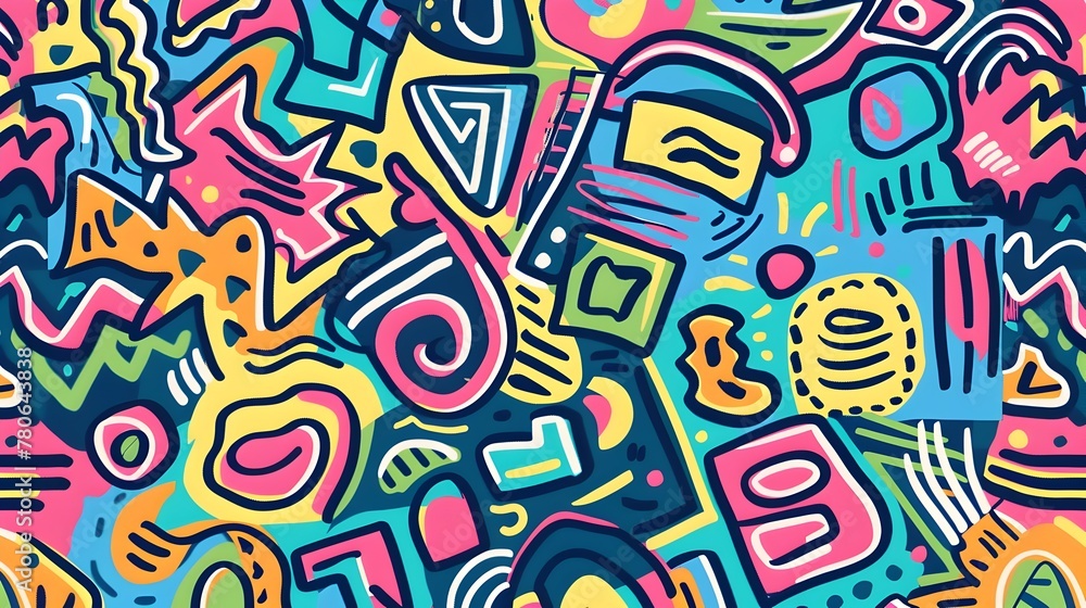 Poster vibrant and playful seamless doodle pattern with colorful shapes and lines for captivating backgroun