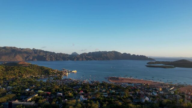 4K Aerial drone video Mount Tapyas at sunset in Coron town, Busuanga, Palawan, Philippines