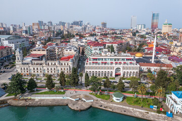 Aerial Drone view of Batumi, historical buildings with modern skyline near the coast. 