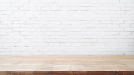background tabletop wooden table on the background of a brick wall, blurred background, selective focus, blank, mockup, copy