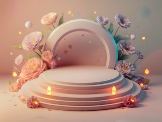 Pink empty podium display for product mock-up with spring flowers on pastel background 