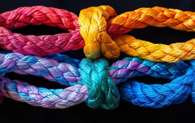 Multi-colored rope symbolizing team cohesion, general and related business idea. Rope with strong knots for concept of teamwork, partnership, diverse unity and support in a productive close-knit team.