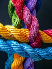 Crossed braided ropes in a mix of lively colors create a dynamic and textured visual, perfect for design and art concepts.