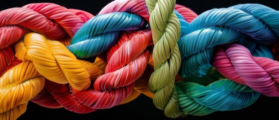 Multi-colored rope symbolizing team cohesion, general and related business idea. Rope with strong knots for concept of teamwork, partnership, diverse unity and support in a productive close-knit team.