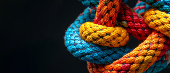 A close-up shot of knotted ropes in rich blue, red, and yellow hues, emphasizing their textured weave.