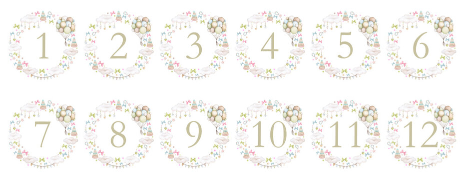 Set of of baby milestone cards. 12 months. Newborn boy or girl. Watercolor baby month anniversary card. Capture all the special moments of little one’s in their first year. One year old child.