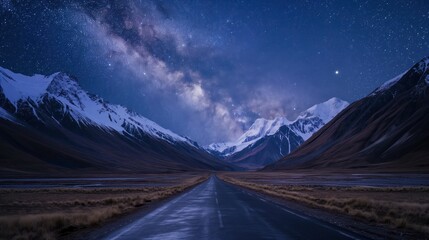 A road leading to distance in a mountain valley with a milky way