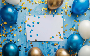 A playful frame of blue and gold balloons encircling a blank white card, adorned with gold confetti...