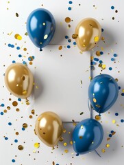 Top view of a festive blue and gold balloon border with a white card and scattered confetti, ideal for party invitations.