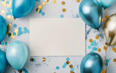Elegant party background with blue and white balloons tied to a blank space, accented by scattered gold confetti on a light surface.