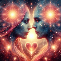 Twin flame couple. Soulmates. The concept of magical, esoteric, tantric, spiritual love. Connection between souls. Illustration for websites and much more. Created using generative ai tools.