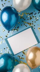 A festive greeting card setup featuring a blank card surrounded by turquoise and gold balloons and confetti on a bright blue background.