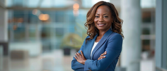 A confident African-American businesswoman stands with folded arms in a bright office space, her demeanor professional and welcoming.