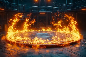 Obraz premium Majestic Ring of Fire Inside an Arena With Dramatic Lighting and Intense Flames