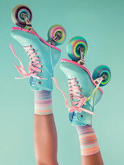 Upside-down blue roller skates with pink laces against a pink backdrop, creating a whimsical stock photo.
