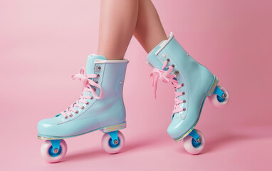 Vintage-inspired blue roller skates adorned with pink laces and stripes evoke the playful spirit of the 80s.