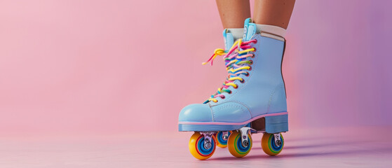 Full view of retro light blue roller skates featuring colorful wheels on a pastel pink background, evoking a playful mood.