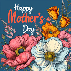 Illustration of a Mother's Day greeting surrounded by a vibrant floral arrangement with prominent poppies and tulips against a blue background.