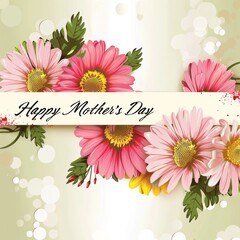 Softly designed Mother's Day card featuring pastel pink gerbera daisies and elegant typography on a bokeh background.