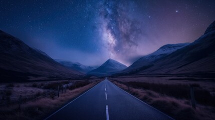 A road leading to distance in a mountain valley with a milky way - Powered by Adobe