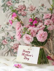 A serene setting featuring a bouquet of delicate pink carnations with a Happy Mother's Day card, set against a floral wallpaper.