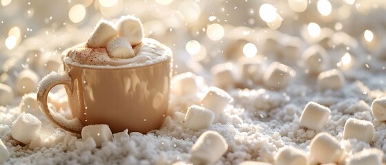 A cozy scene of a warm mug of hot cocoa enveloped by a blanket of snow, punctuated by a whimsical display of marshmallows floating on top ,close-up,ultra HD,digital photography - obrazy, fototapety, plakaty