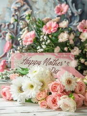 Fresh roses and gerberas arranged with tender baby's breath and a Happy Mother's Day card on a rustic wooden backdrop.
