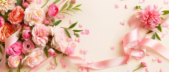 A collection of pink floral beauties and soft satin ribbons merge on a light backdrop, symbolizing tenderness and care.